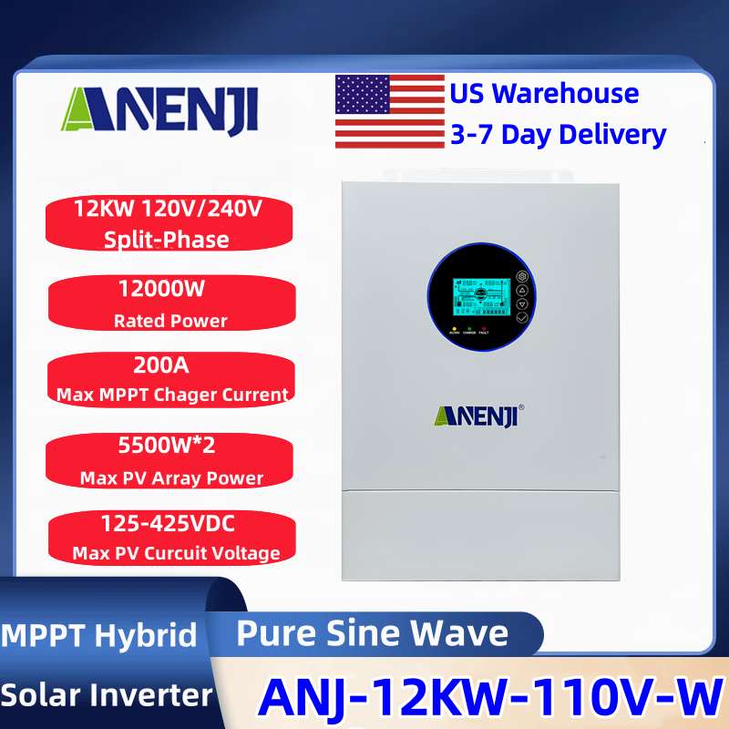 Drone Solar Charger - ANENJI 分相式120V/240V 12KW ハイブリッド太陽光インバーター、純正弦波出力、内蔵200A MPPT太陽光充電コントローラー